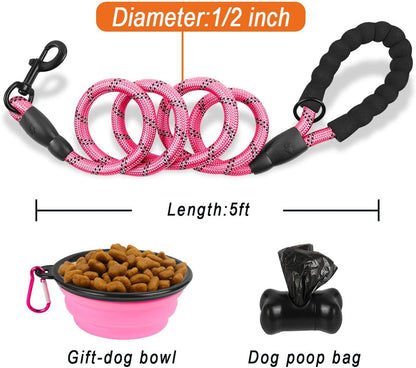 Dog Leashes for Large Dogs Heavy Duty Dog Leash 4/5/6 FT with Comfortable Padded Handle and Highly Reflective Threads for Medium Large Dogs Walking Training Running (5Ft-1/2'',Pink)